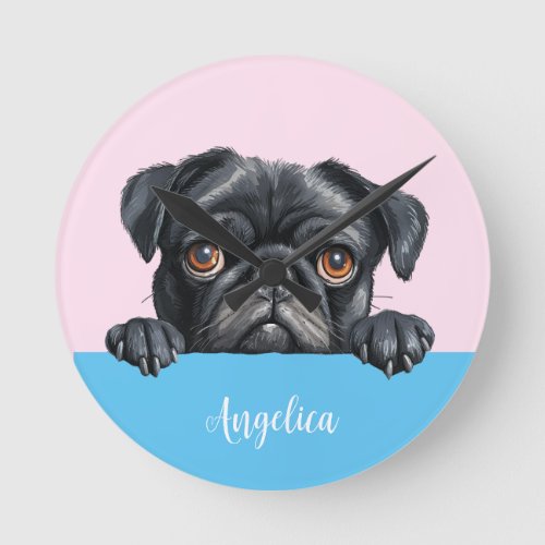 Cute Personalized Pug Picture Kids Room Decoration Round Clock