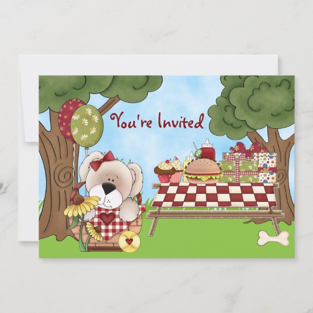 Cute Personalized Puppy Dog Picnic Girls Birthday Invitation (Front)
