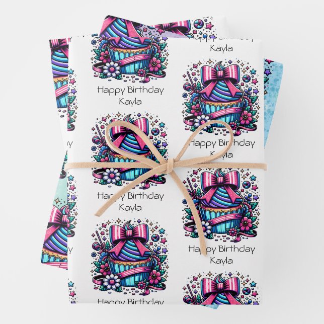 Cute Personalized Purple and Blue Cupcake Birthday Wrapping Paper Sheets (In situ)