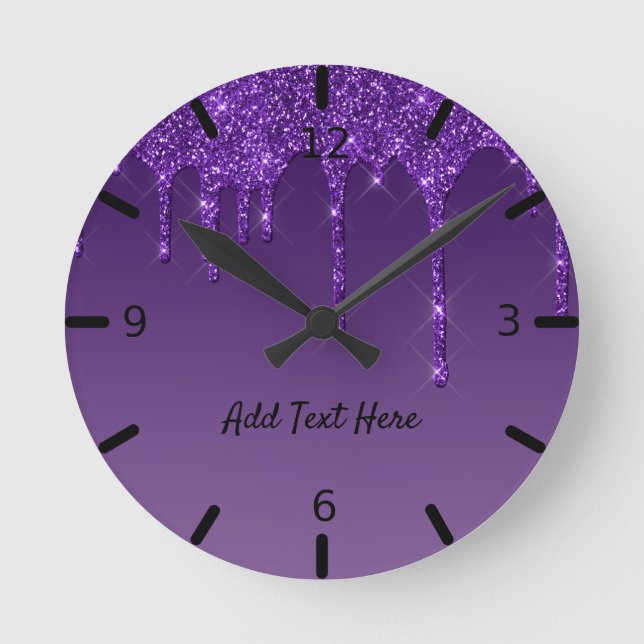 Cute Personalized Purple Dripping Glitter Round Clock (Front)