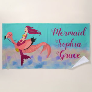 Cute Personalized Purple Mermaid & Pink Mermingo Beach Towel