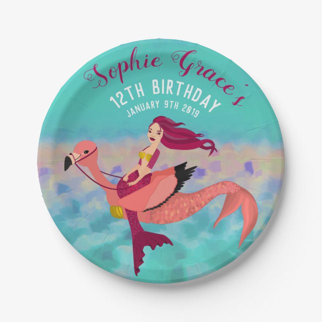 Cute Personalized Purple Mermaid & Pink Mermingo Paper Plates (Front)