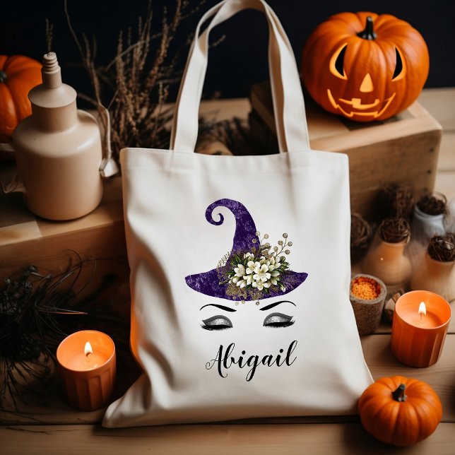 Cute Personalized Purple Witch Hat Halloween Tote Bag (Creator Uploaded)