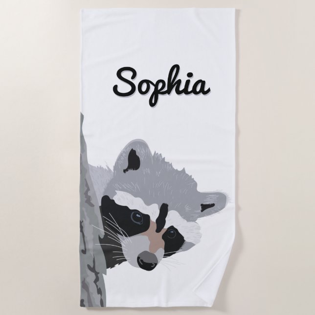 Cute Personalized Raccoon Face Beach Towel (Front)