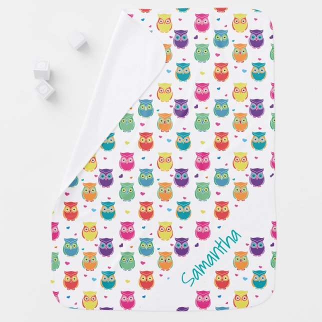 Cute Personalized Rainbow Owl Pattern Baby Blanket (In Situ)