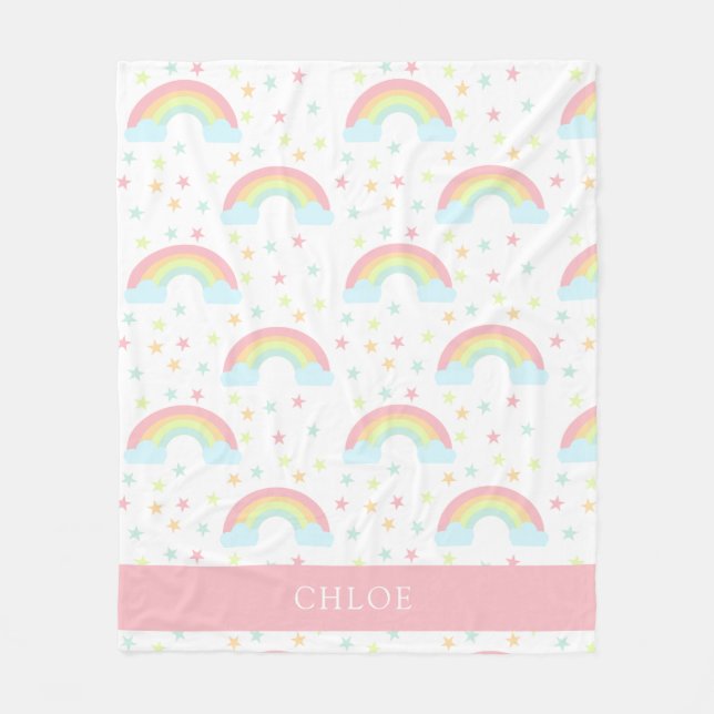 Cute Personalized Rainbow Stars Pastel Cloud Sweet Fleece Blanket (Front)