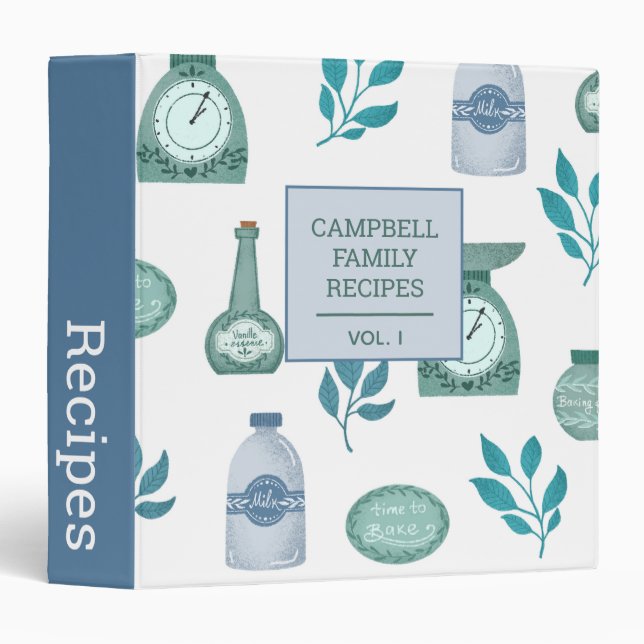 Cute Personalized Recipe Cookbook Blue Green 3 Ring Binder (Front/Spine)
