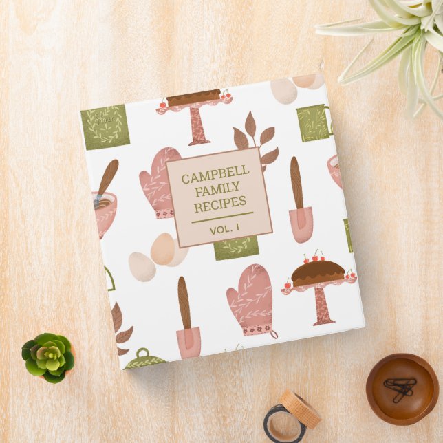 Cute Personalized Recipe Cookbook Blush Pink Green 3 Ring Binder (In Situ)