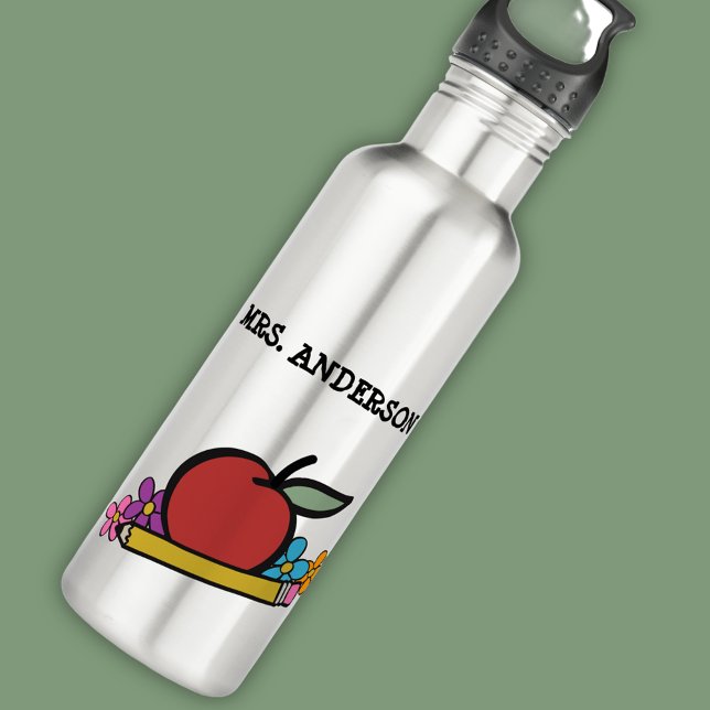 Cute Personalized Red Apple Pencil Teachers Stainless Steel Water Bottle (Creator Uploaded)