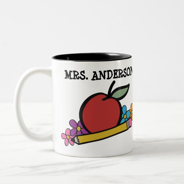 Cute Personalized Red Apple Pencil Teachers Two-Tone Coffee Mug (Left)