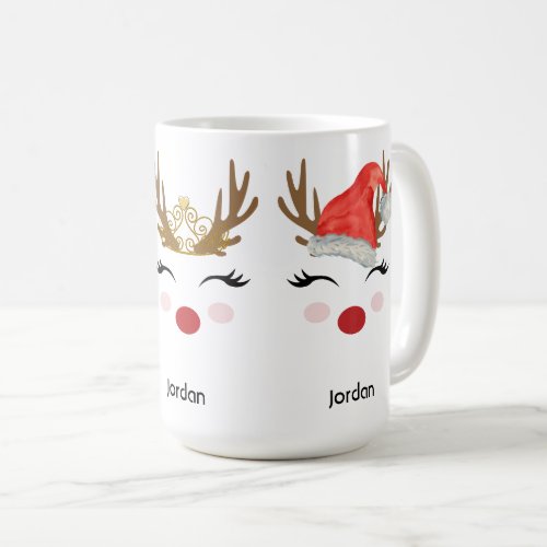 Cute Personalized Reindeer Face Santa Hat Tiara Coffee Mug