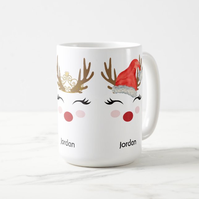 Cute Personalized Reindeer Face Santa Hat, Tiara Coffee Mug (Front Right)