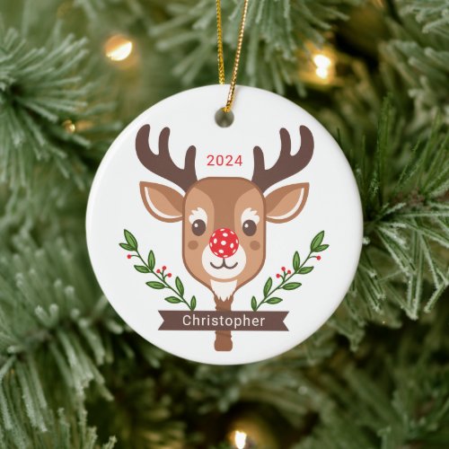 Cute Personalized Reindeer Pickleball Ornament