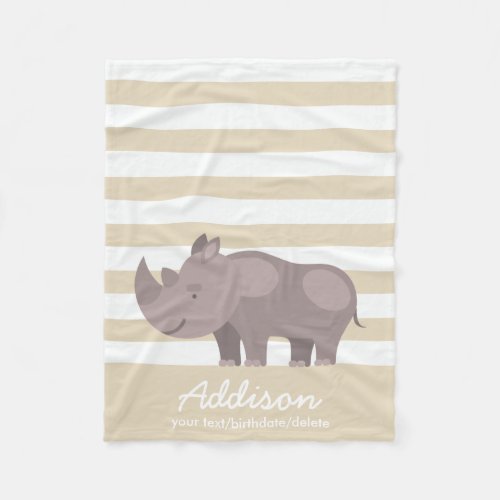 Cute Personalized Rhinoceros Jungle Tan Stripe Fleece Blanket