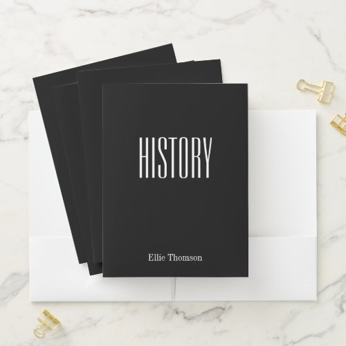 Cute Personalized School Subject History Black Pocket Folder