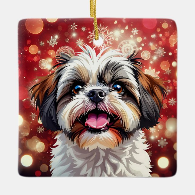 Cute Personalized Shih Tzu Christmas Ceramic Ornament (Front)