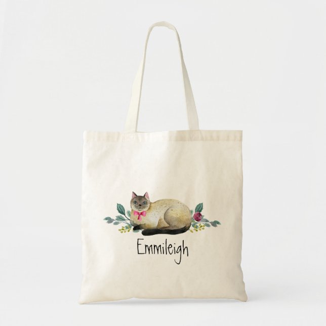 Cute Personalized Siamese Cat Purple Floral Leaves Tote Bag (Front)