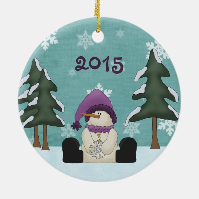 Cute Personalized Snowman in Woods Christmas Ceramic Ornament (Back)