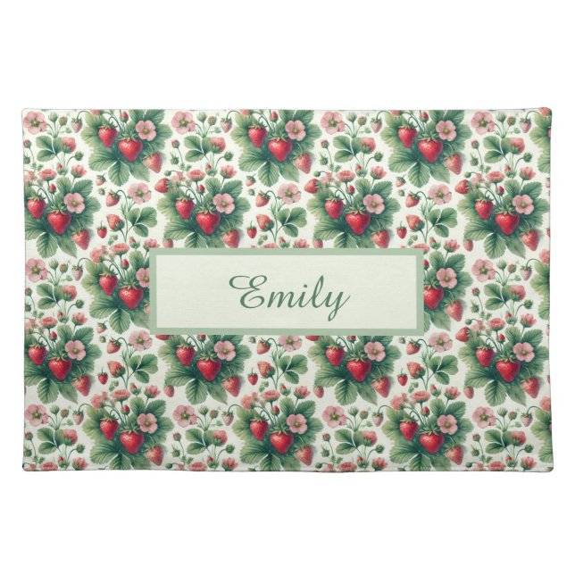 Cute personalized summer strawberries cloth placemat (Front)