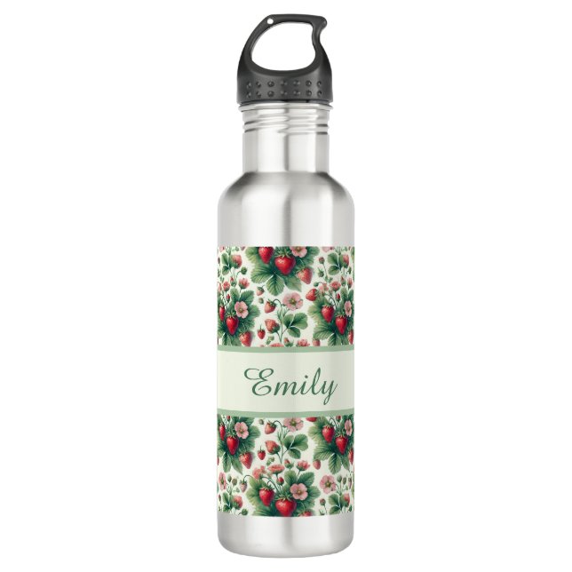 Cute personalized summer strawberries stainless steel water bottle (Front)