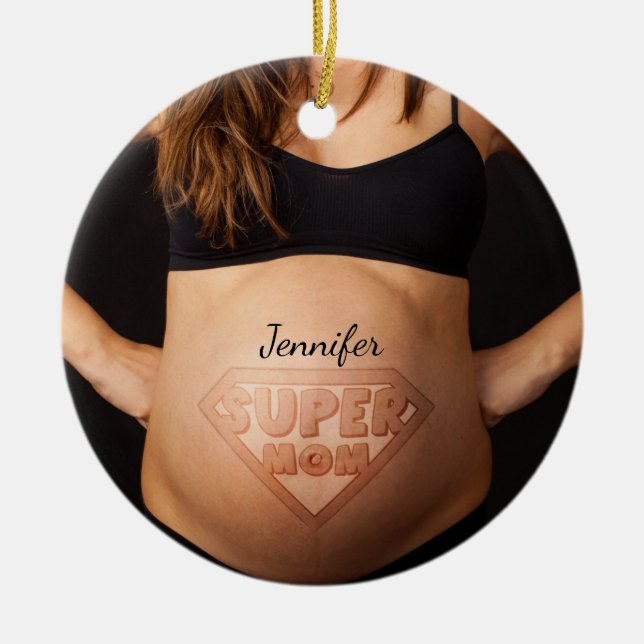 Cute Personalized Super Mom Pregnant Belly Ceramic Ornament (Front)