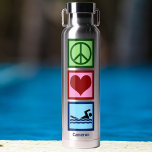 Cute Personalized Swimmer Peace Love Swimming Water Bottle<br><div class="desc">Peace Love Swimming water bottle for an swimmer. Cute gift featuring a peace sign,  heart,  and a person on swim team above your custom text in blue.</div>