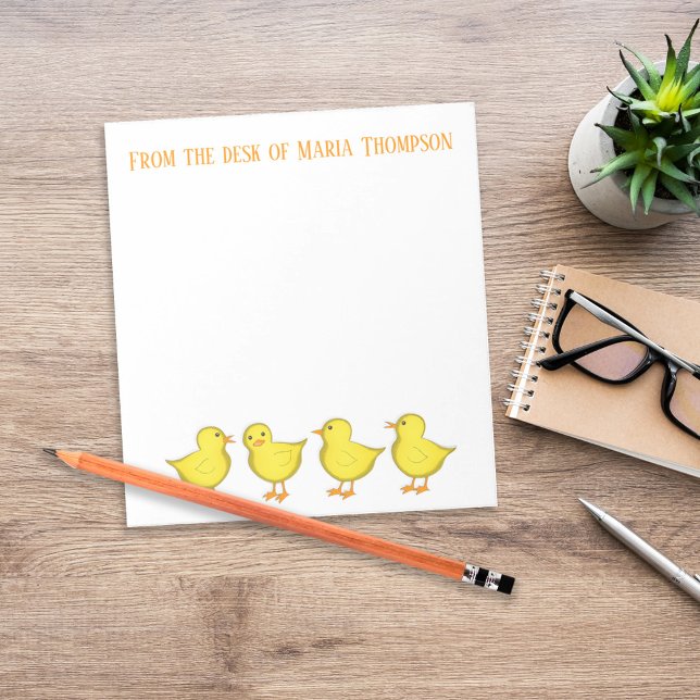 Cute Personalized Teacher Chick Desk Stationery Notepad (Cute personalized teacher stationery with yellow chicks and custom desk name header.)