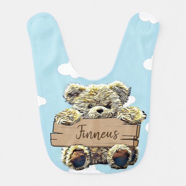 Cute Personalized Teddy Bear Blue and Brown Baby Baby Bib (Front)