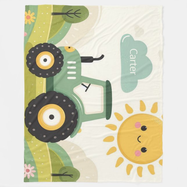 Cute, personalized tractor/farm fleece blanket (Front)