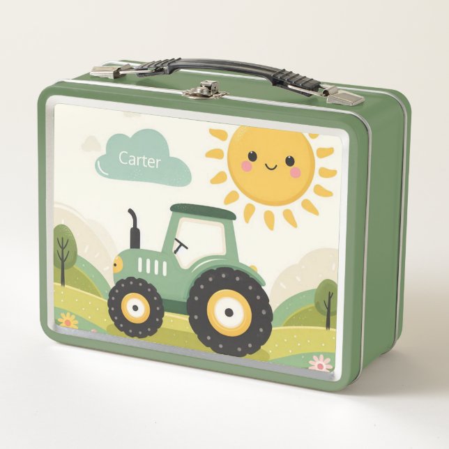 Cute, personalized tractor/farm metal lunch box (Front)