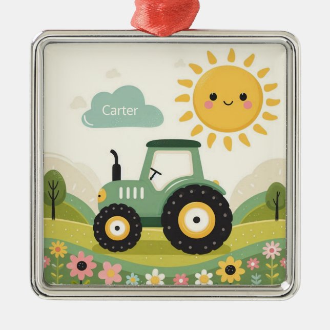 Cute, personalized tractor/farm metal ornament (Front)