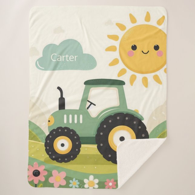 Cute, personalized tractor/farm sherpa blanket (Front)