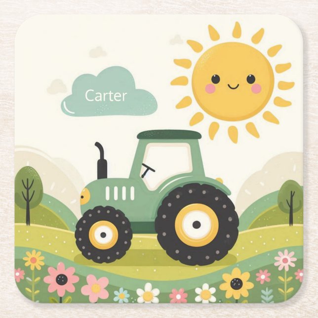 Cute, personalized tractor/farm square paper coaster (Front)