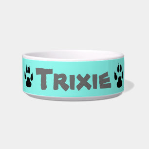 Cute Personalized Turquoise Black Paw Prints Bowl