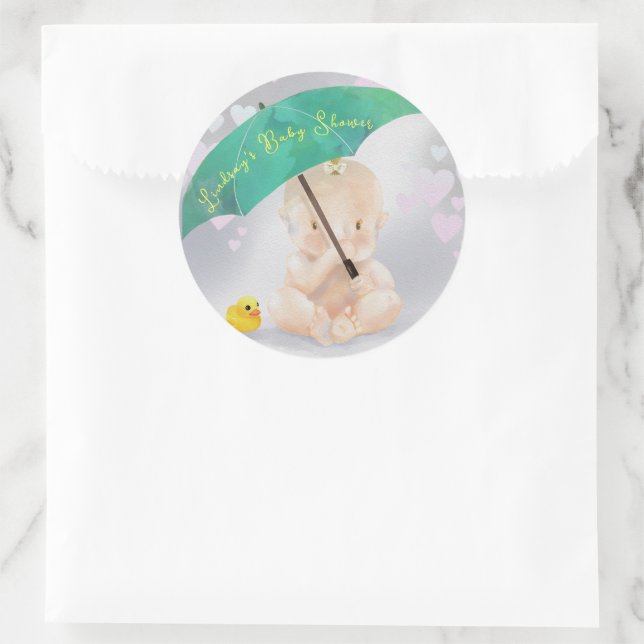 Cute Personalized Umbrella Baby Shower of Hearts Classic Round Sticker (Bag)