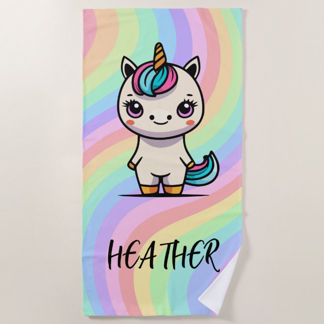 CUTE! 🦄 Personalized Unicorn Beach Towel Add Name (Front)