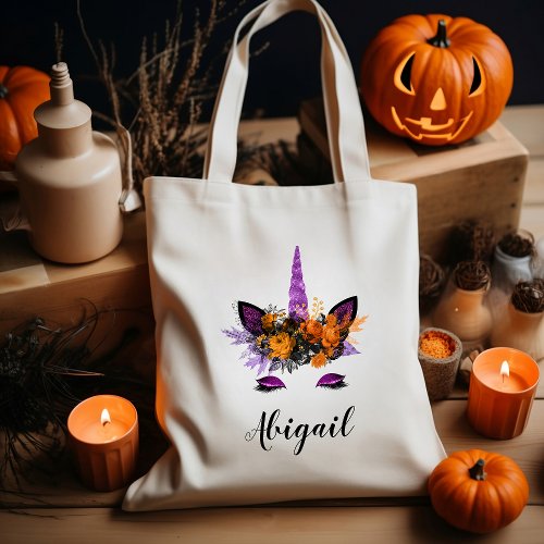 Cute Personalized Unicorn Purple Glitter Halloween Tote Bag