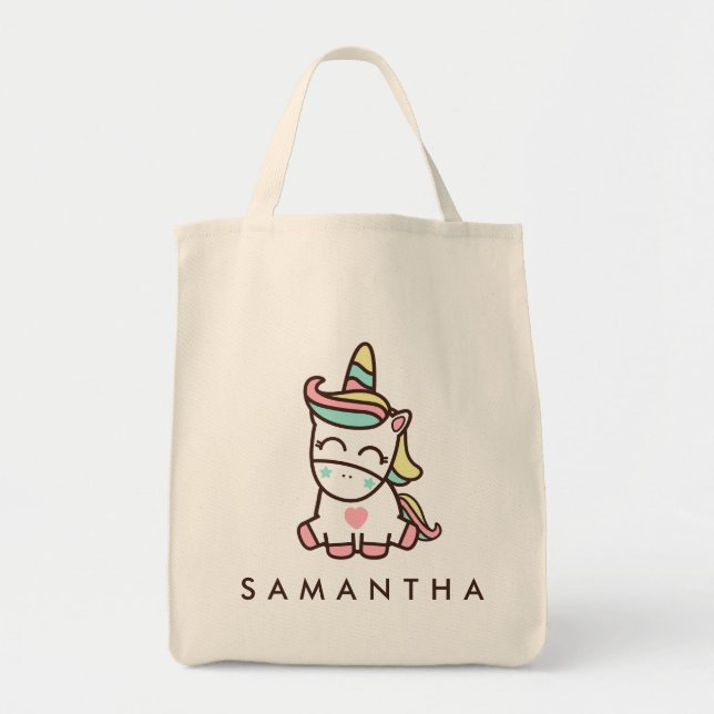 Cute personalized unicorn rainbow birthday tote bag (Front)