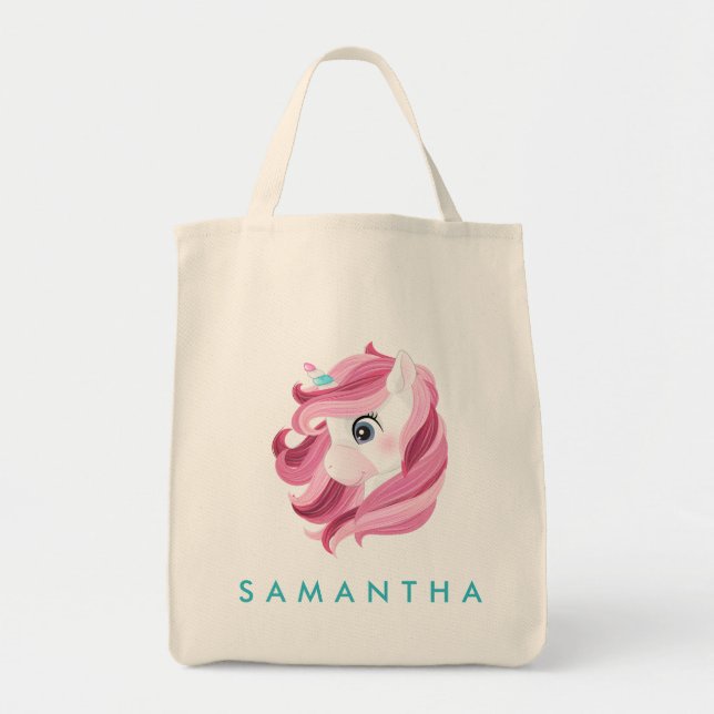 Cute personalized unicorn rainbow blue tote bag (Front)