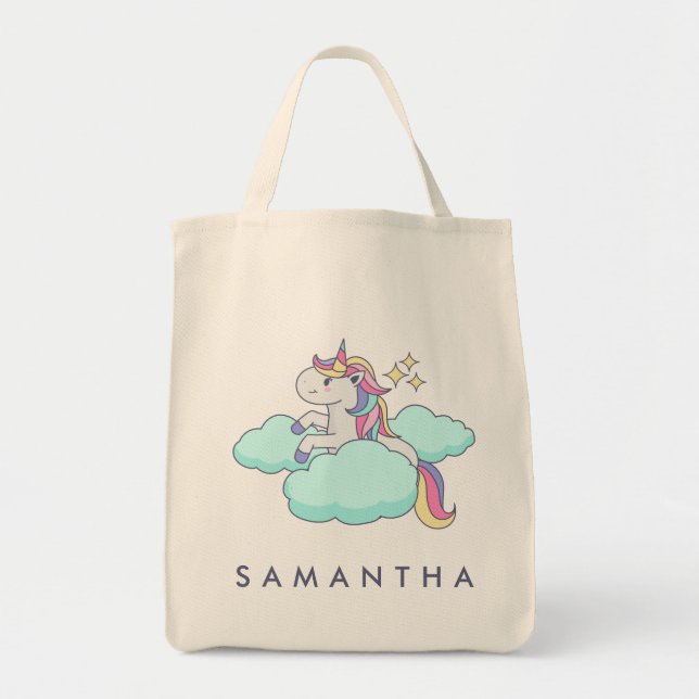 Cute personalized unicorn rainbow cloud tote bag (Front)