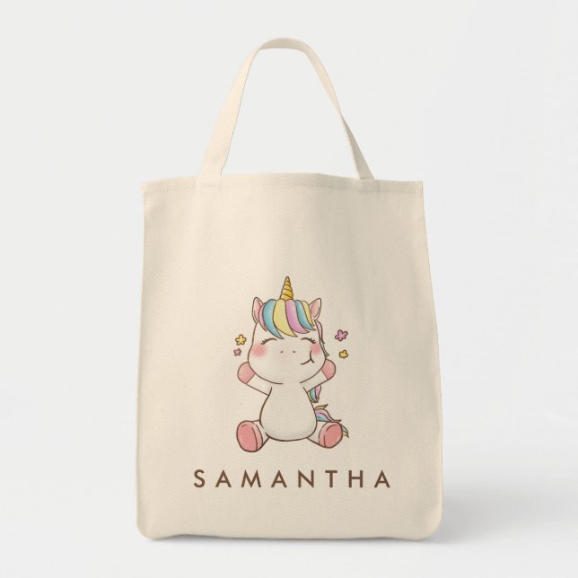 Cute personalized unicorn rainbow hug tote bag (Front)