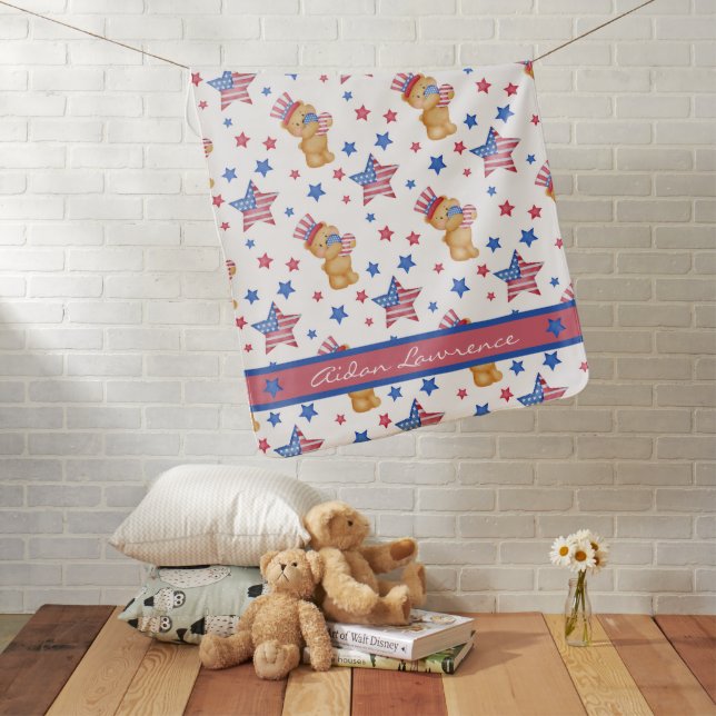 Cute Personalized USA Flag Bear  Baby Blanket (In Situ)
