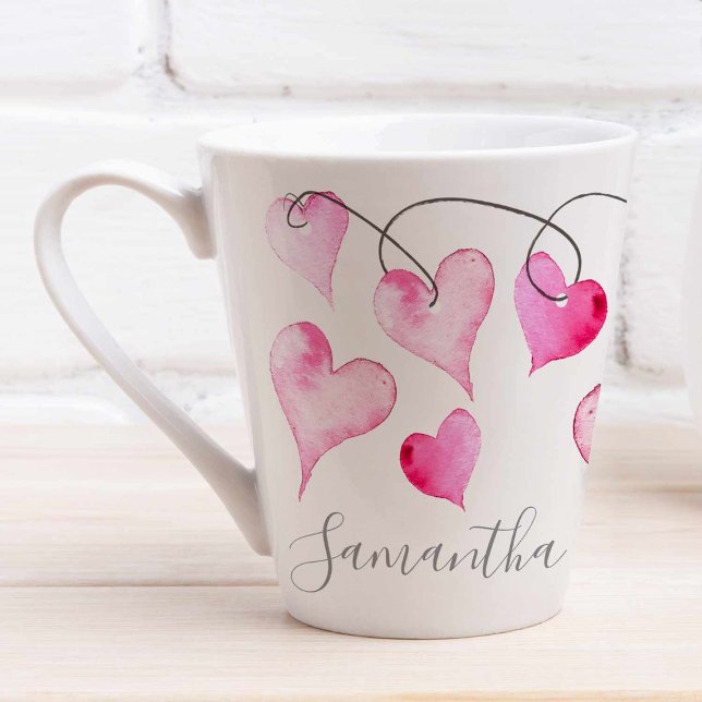 Cute Personalized Valentines Day Gift Coffee Lover Latte Mug (Personalized Galentines party decor coffee mugs with pink hearts art by Victoria Grigaliunas)
