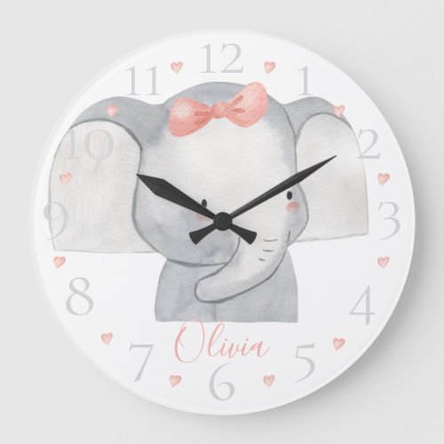 Cute Personalized Watercolor Baby Elephant Name La Large Clock