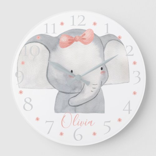 Cute Personalized Watercolor Baby Elephant Name  Large Clock