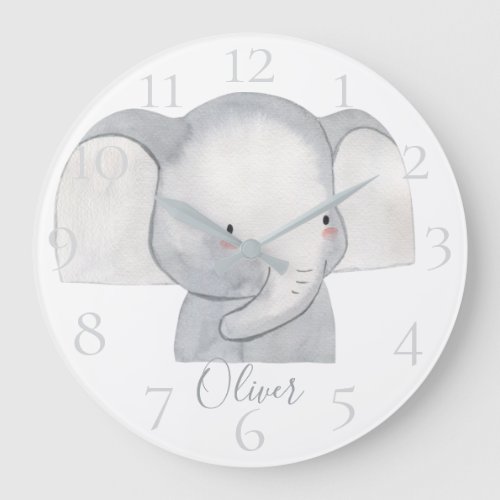 Cute Personalized Watercolor Baby Elephant Name Large Clock