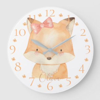 Cute Personalized Watercolor Baby Fox with Name Large Clock