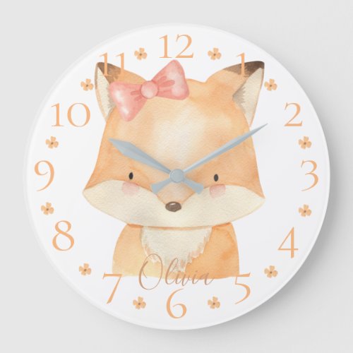 Cute Personalized Watercolor Baby Fox with Name  Large Clock