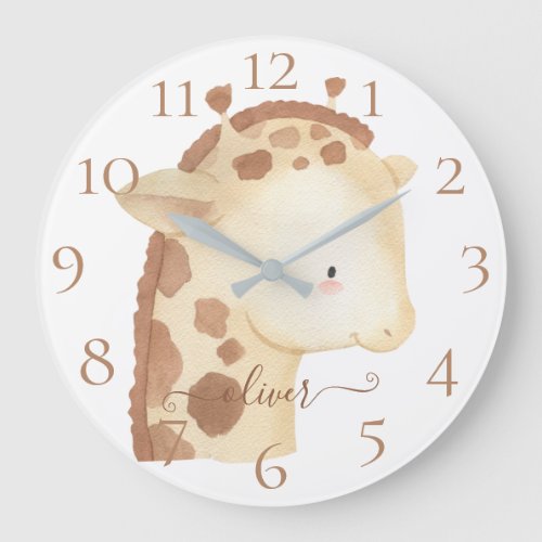 Cute Personalized Watercolor Baby Giraffe Name  Large Clock