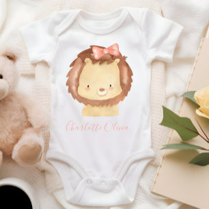 Cute Personalized Watercolor Baby Lion Pink Bow Baby Bodysuit